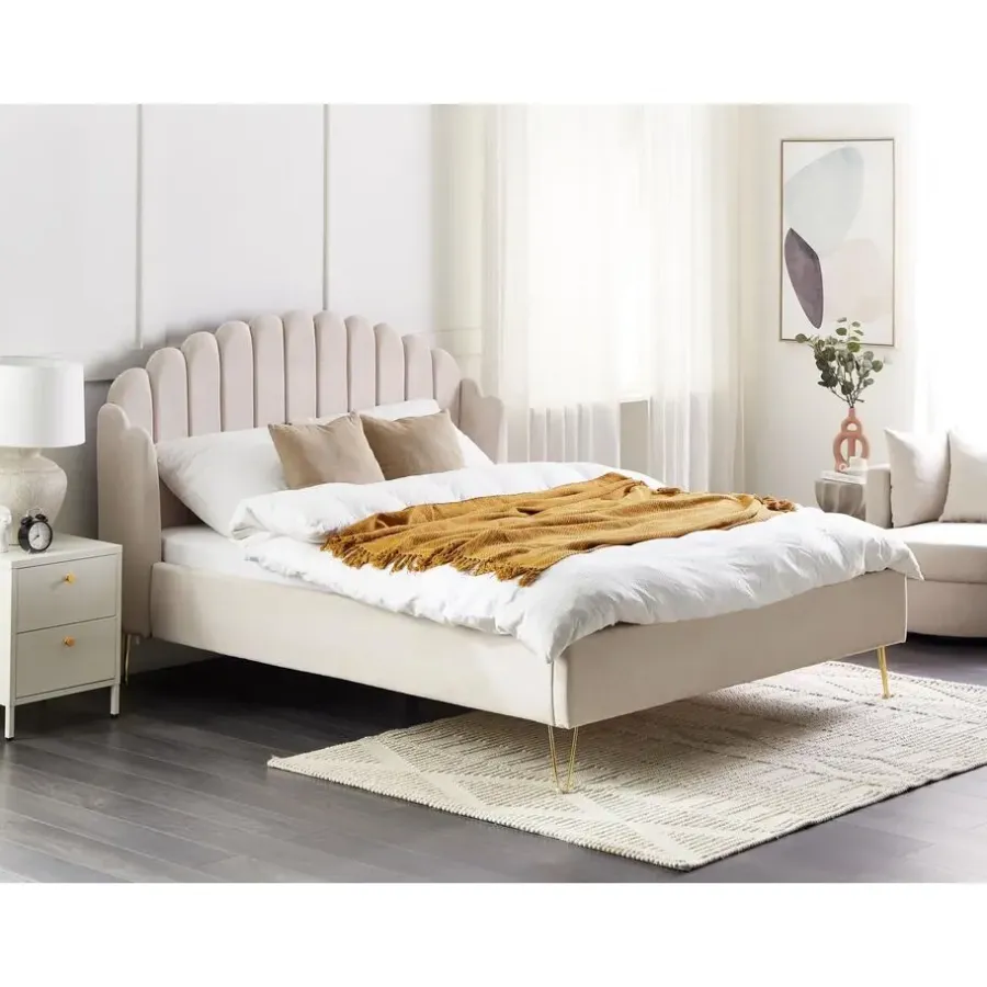 2-Persoons Bedden-Beliani AMBILLOU - Bed - Lichtbeige - 160 x 200 cm - Polyester