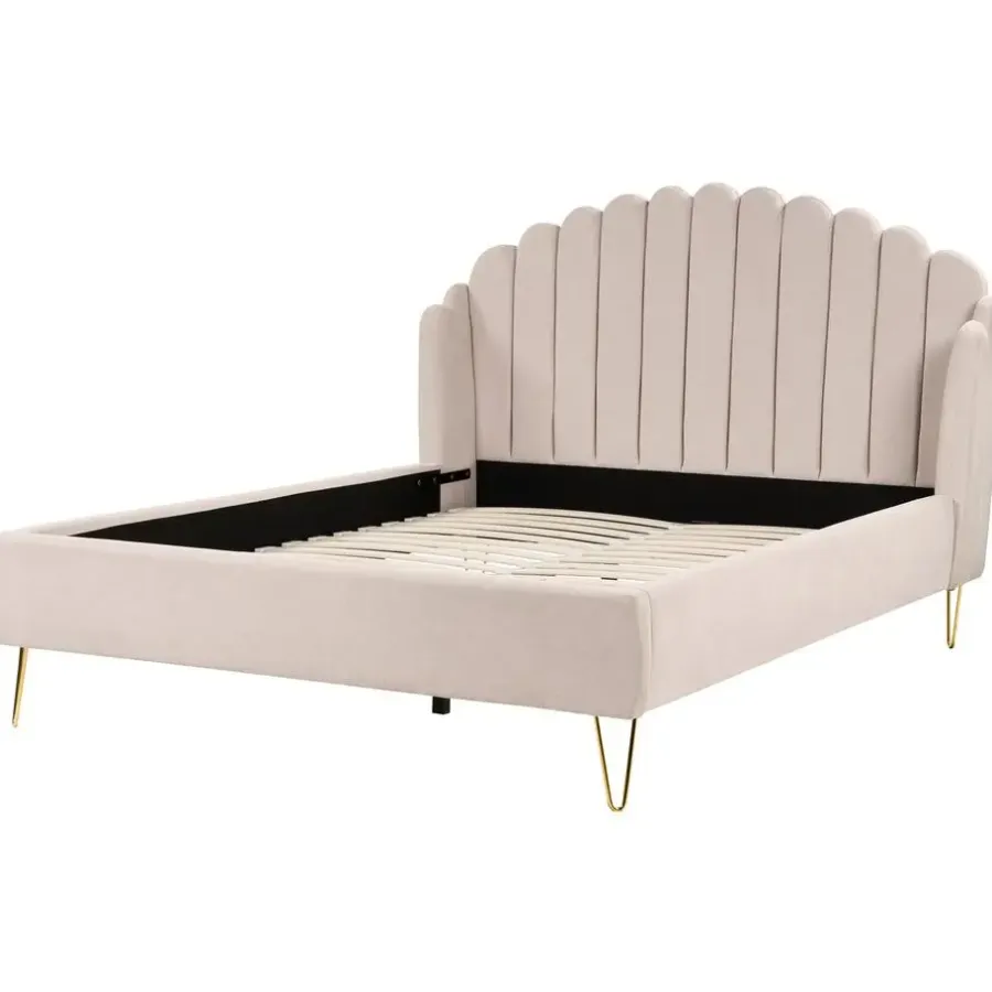 2-Persoons Bedden-Beliani AMBILLOU - Bed - Lichtbeige - 160 x 200 cm - Polyester