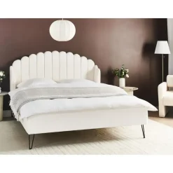 2-Persoons Bedden-Beliani AMBILLOU - Tweepersoonsbed - Gebroken wit - 160 x 200 cm - Bouclé