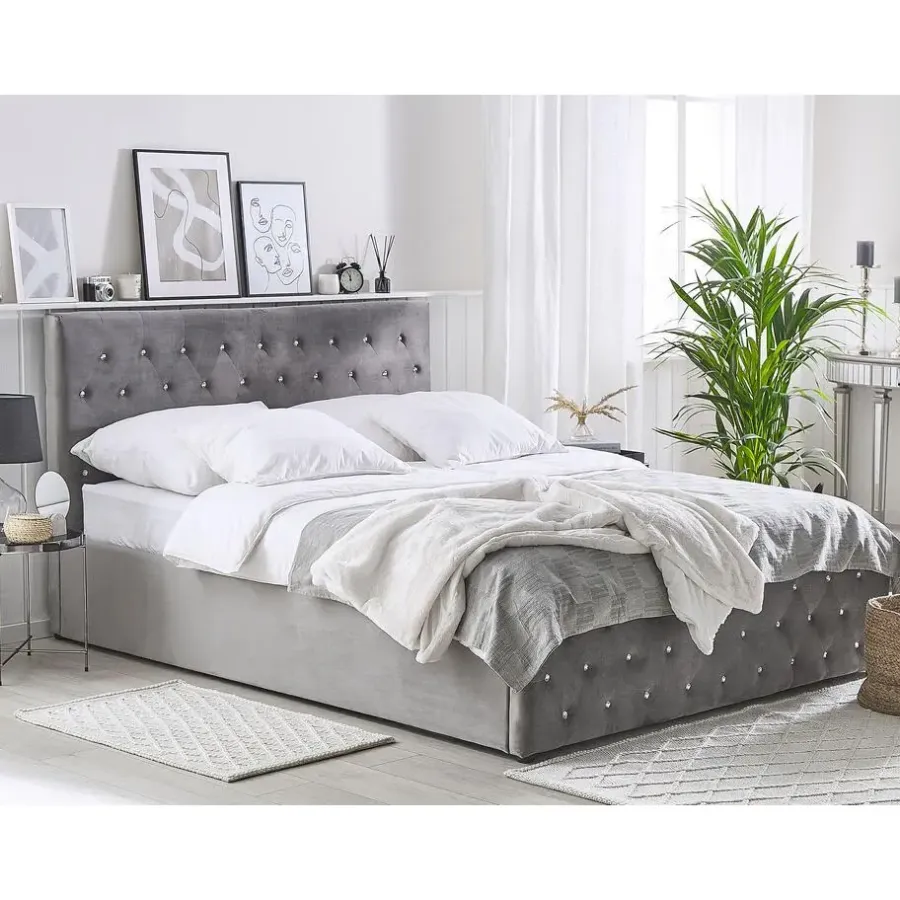Beliani AMIENS - Bed met opbergruimte - Grijs - 160 x 200 cm - Fluweel