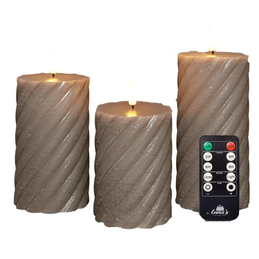 Kaarsen-Anna's Collection Anna Collection LED kaarsen - 3x - taupe grijs -swirl