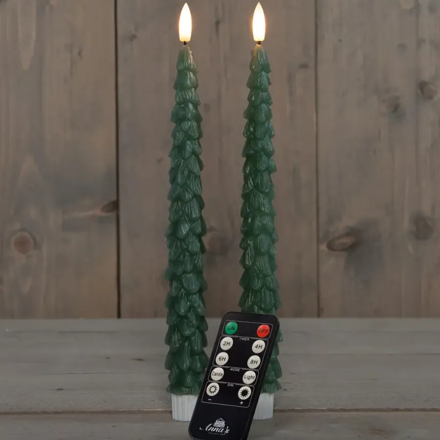 Kaarsen-Anna's Collection LED kerstboom dinerkaarsen - 2x - groen - 27 cm