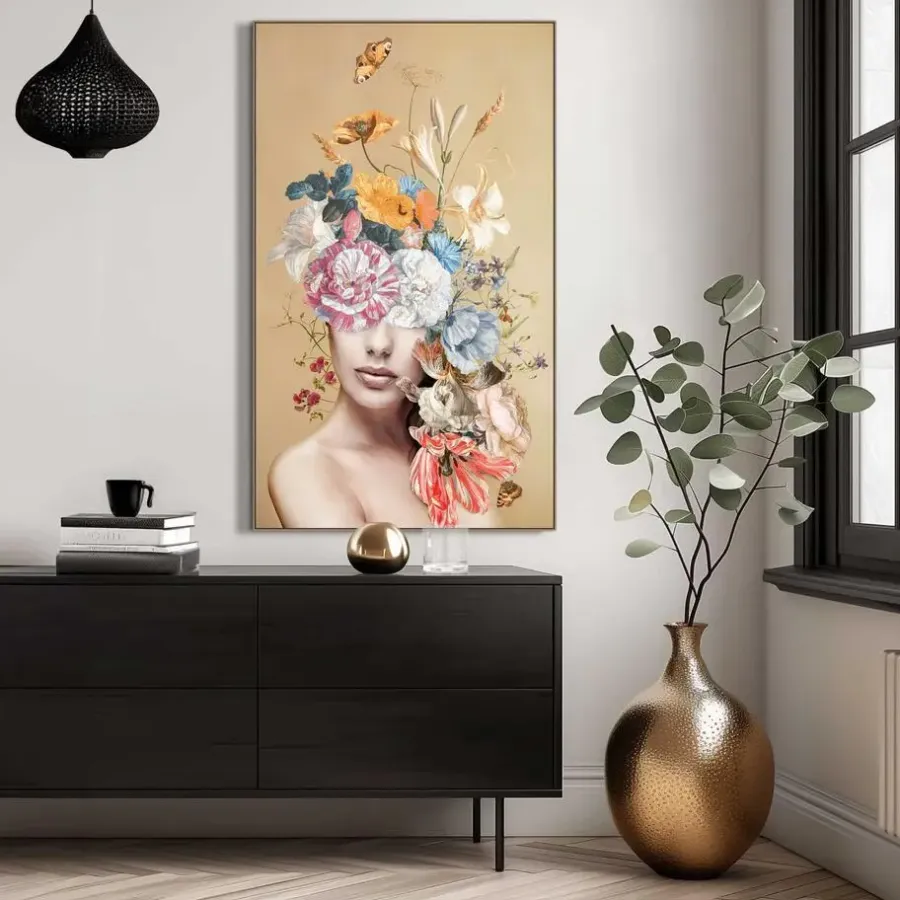 Schilderijen-Reinders Art Frame Vrouw met bloemen - 118 x 70cm - Goudkleurig