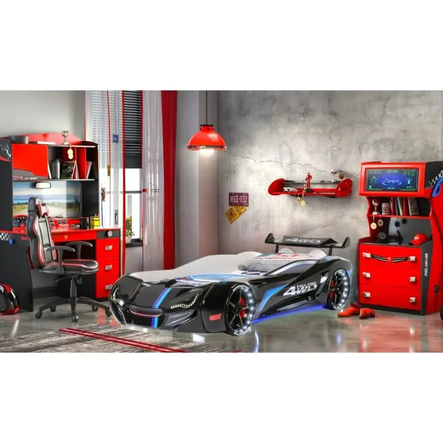 Merkloos Autobed - Met licht en geluid - Street Racer - 236x119x68 cm - Zwart
