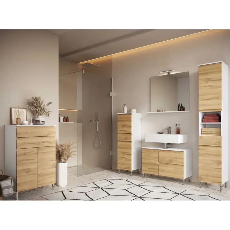 Hoge Kasten-Germania Badkamerkast Torres 60cm met 2 deuren & 2 lades - eikdecor/wit