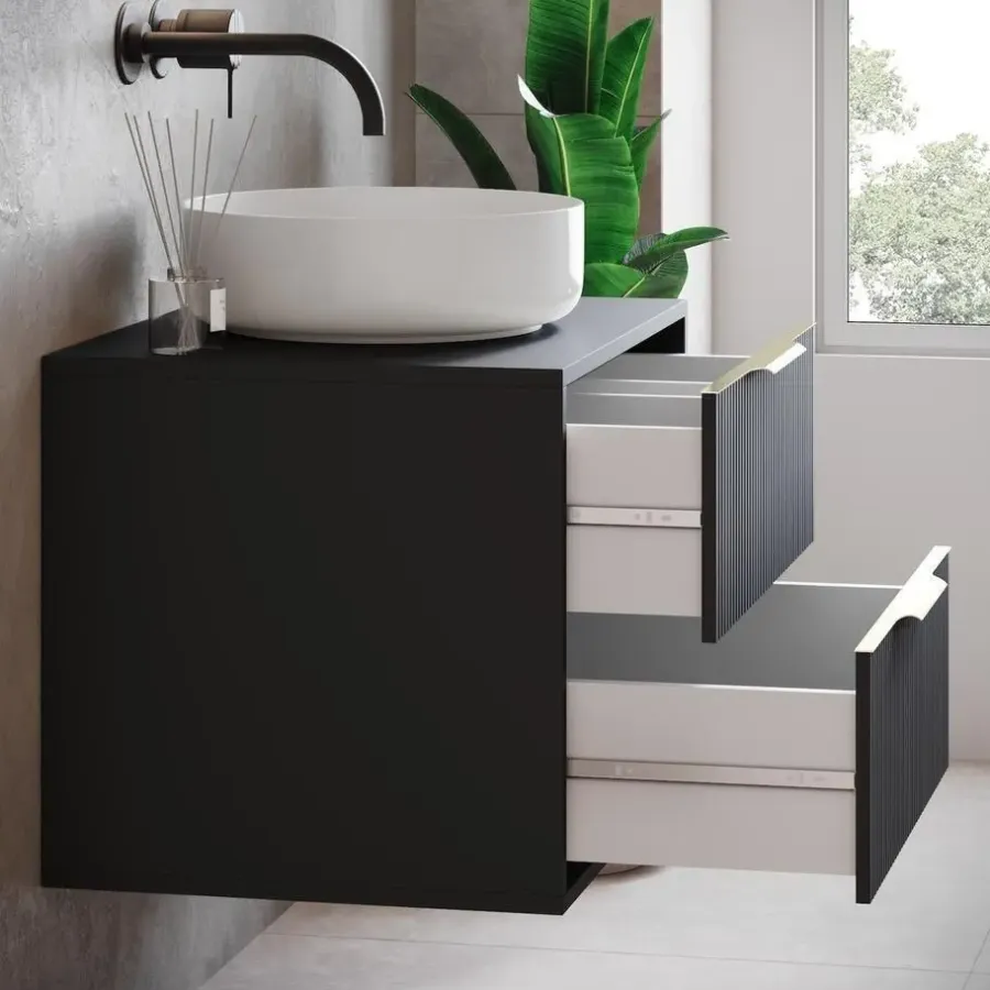 Badplaats Wastafelkast Rimini 80 cm – Mat Zwart – Hangend Badmeubel met 2 Lades