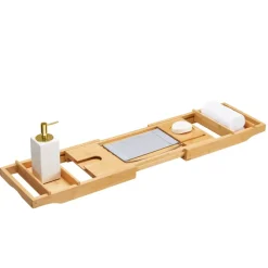 ACAZA Badplank met Boekenhouder – Uitschuifbare Bad Brug – 75 tot 109 cm Breed