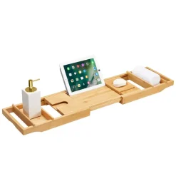 ACAZA Badplank met Boekenhouder – Uitschuifbare Bad Brug – 75 tot 109 cm Breed