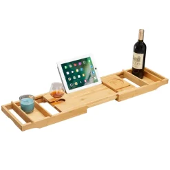 ACAZA Badplank met Boekenhouder – Uitschuifbare Bad Brug – 75 tot 109 cm Breed