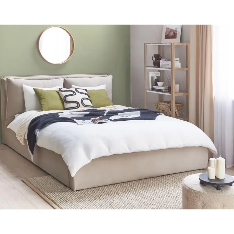 2-Persoons Bedden-Beliani BAJONNA - Bed met opbergruimte - Beige - 160 x 200 cm - Fluweel