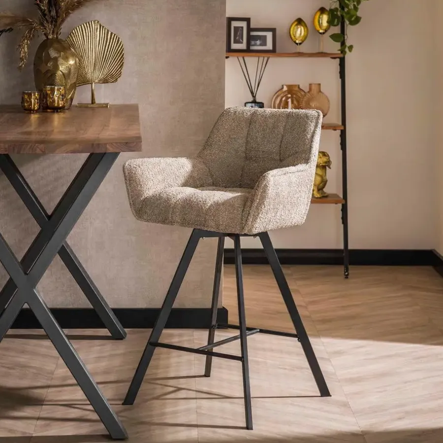 Barkrukken-Giga Living Barstoel - Draaibaar - Zand Bouclé - Raster - Set van 2