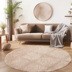 Ronde Vloerkleden-Muratap Basic Rond Shaggy vloerkleed Beige Hoogpolig - 160 CM ROND