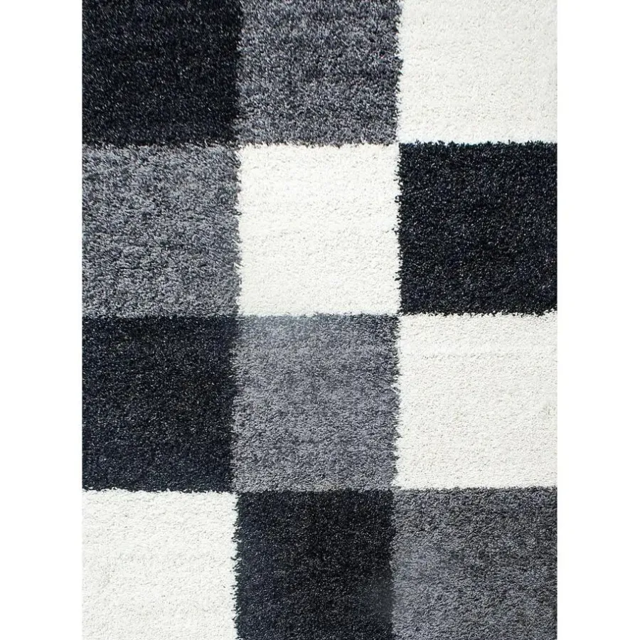 Muratap Basic Shaggy Geblokt vloerkleed Zwart / Wit Hoogpolig - 160x230 CM