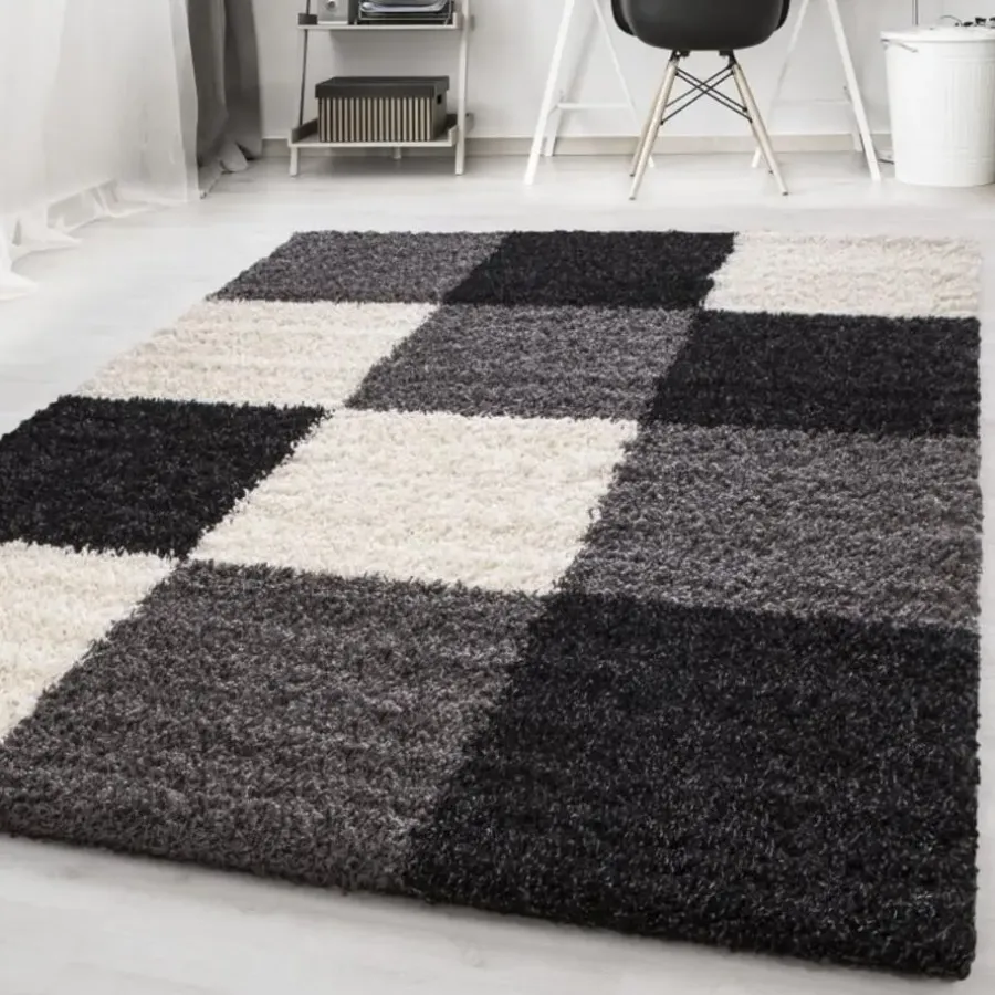 Muratap Basic Shaggy Geblokt vloerkleed Zwart / Wit Hoogpolig - 160x230 CM