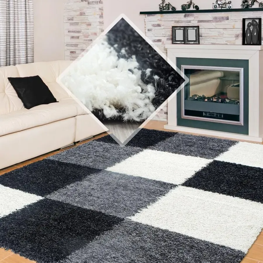 Muratap Basic Shaggy Geblokt vloerkleed Zwart / Wit Hoogpolig - 160x230 CM