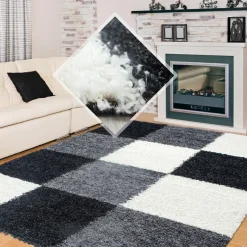 Muratap Basic Shaggy Geblokt vloerkleed Zwart / Wit Hoogpolig - 160x230 CM