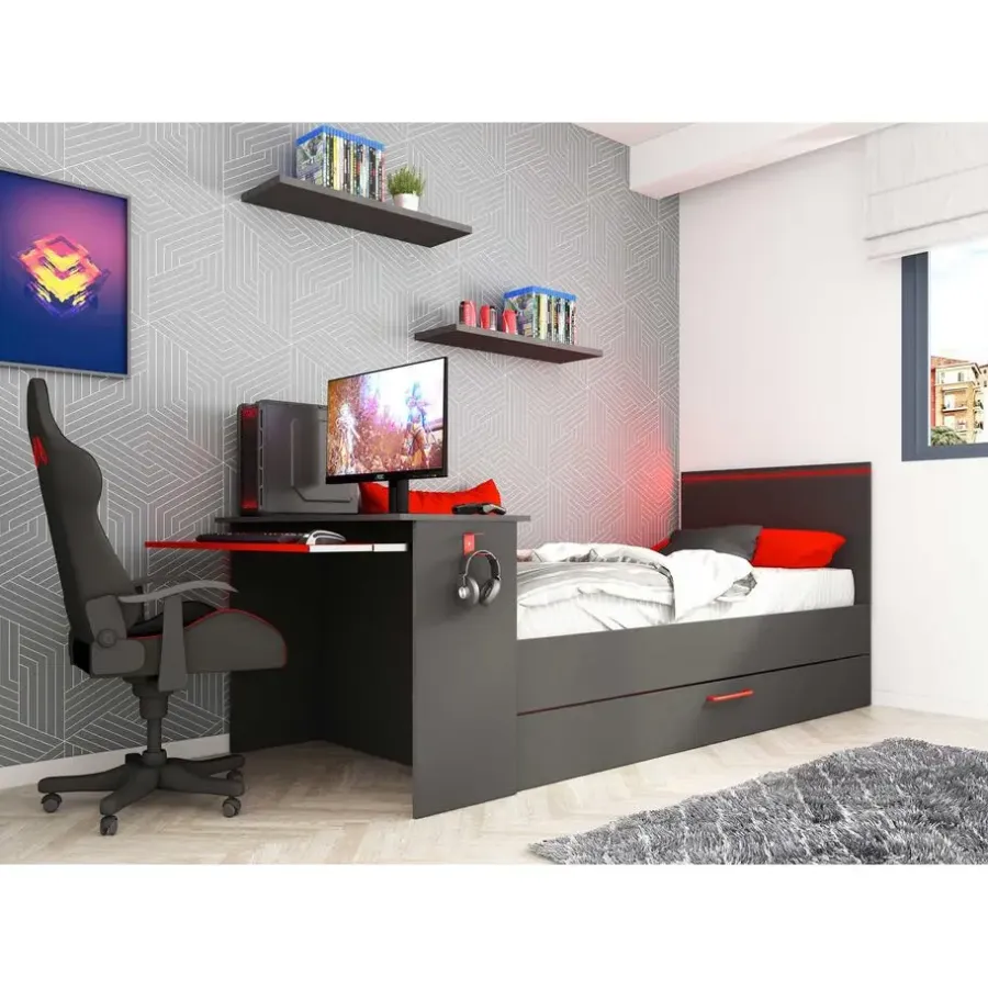 Trasman Bed Bzone 90x200 cm met bedlade, bureau en ledverlichting - antraciet