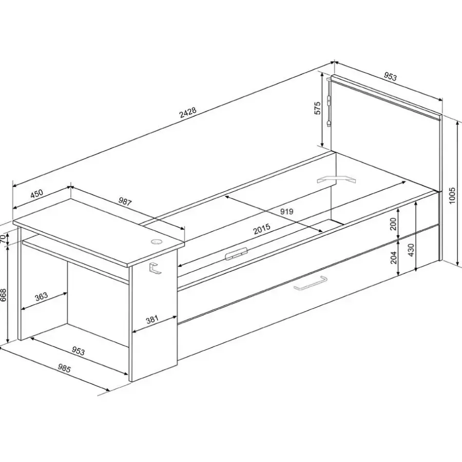 Trasman Bed Bzone 90x200 cm met bedlade, bureau en ledverlichting - antraciet