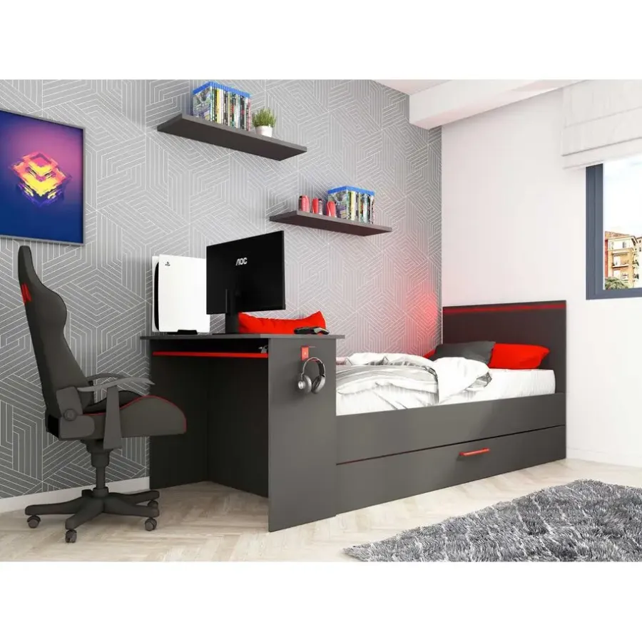 Trasman Bed Bzone 90x200 cm met bedlade, bureau en ledverlichting - antraciet