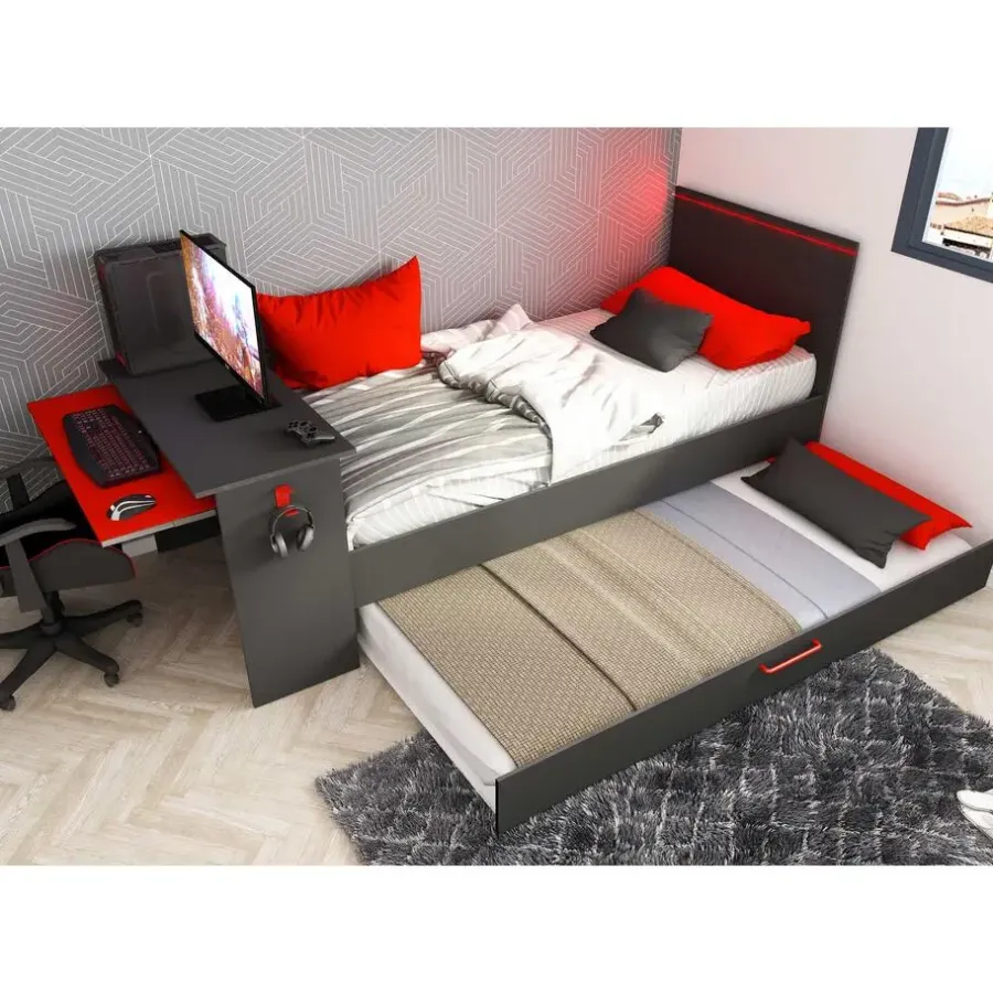 Trasman Bed Bzone 90x200 cm met bedlade, bureau en ledverlichting - antraciet