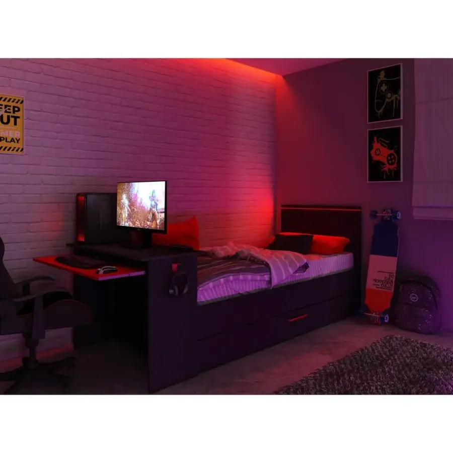 Trasman Bed Bzone 90x200 cm met bedlade, bureau en ledverlichting - antraciet