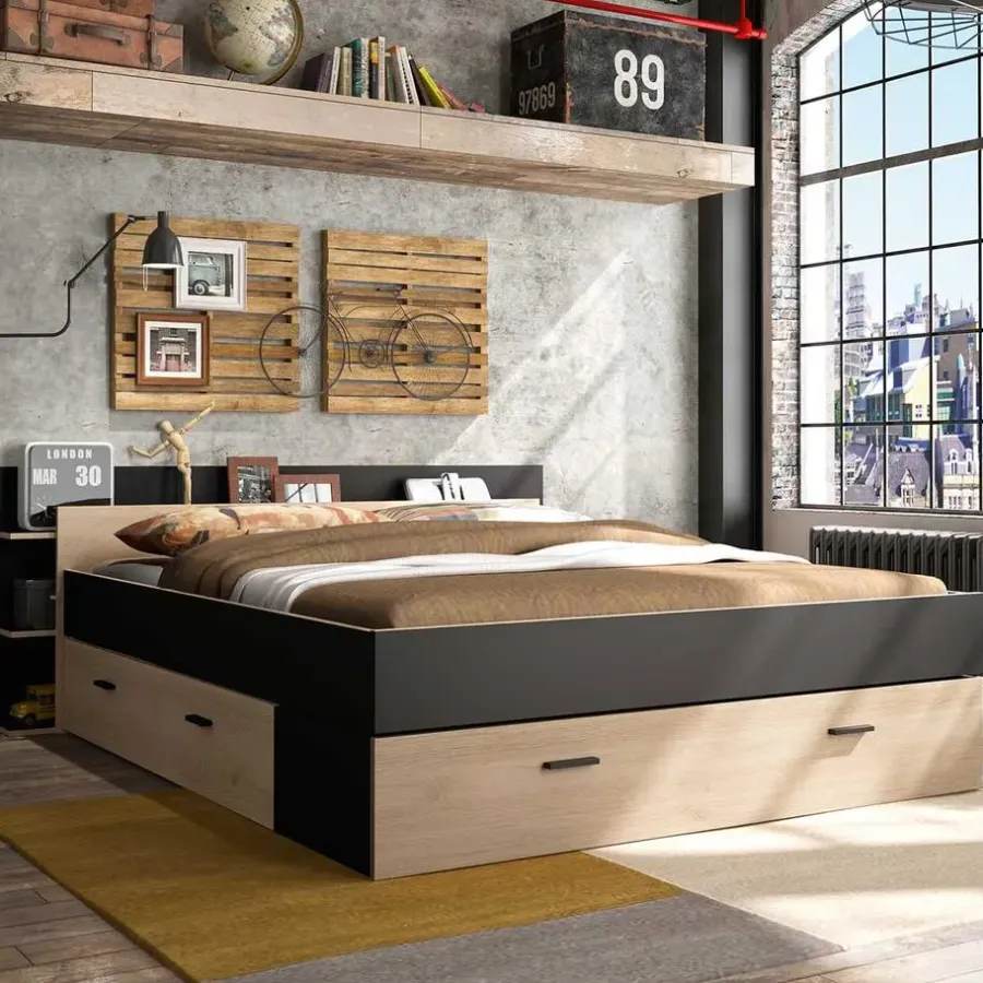 2-Persoons Bedden-Gami Bed met opbergruimte Eveline 160x200 - zwart/kastanjehout