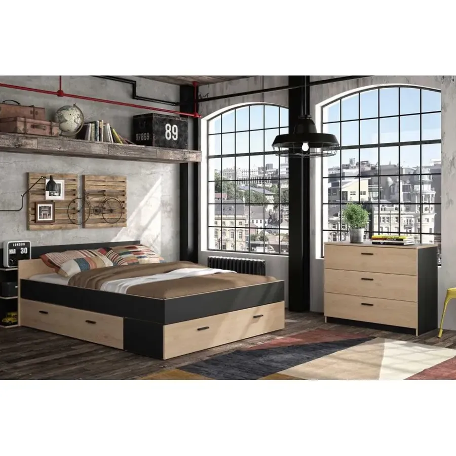 2-Persoons Bedden-Gami Bed met opbergruimte Eveline 160x200 - zwart/kastanjehout