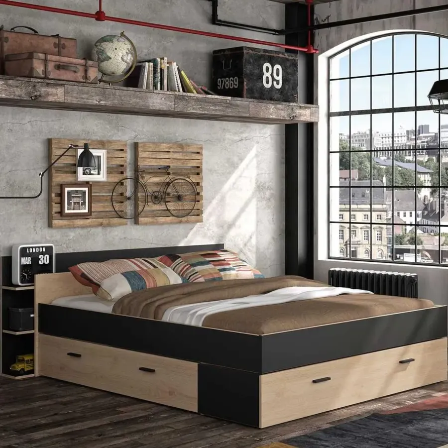 2-Persoons Bedden-Gami Bed met opbergruimte Eveline 160x200 - zwart/kastanjehout