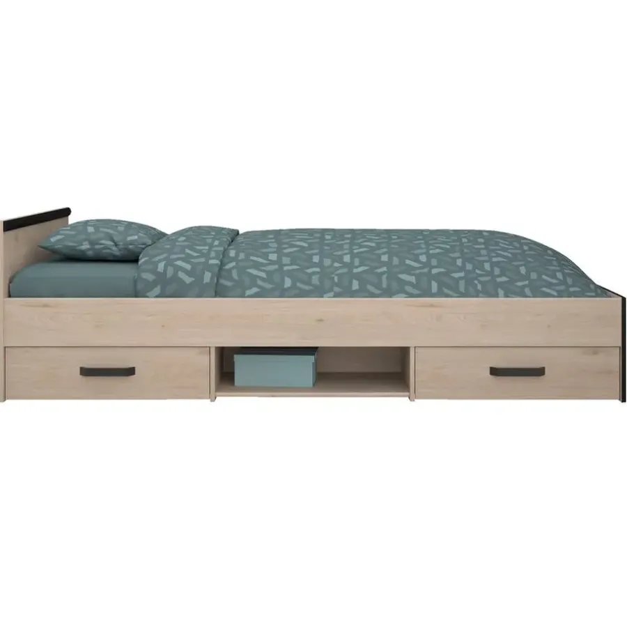 Leen Bakker Bed Natan incl. lades - eiken/zwart - 90x200 cm