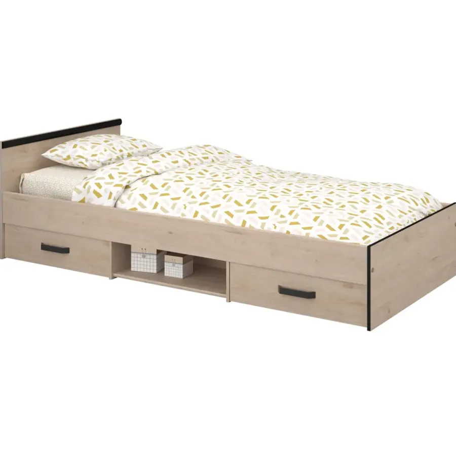 Leen Bakker Bed Natan incl. lades - eiken/zwart - 90x200 cm
