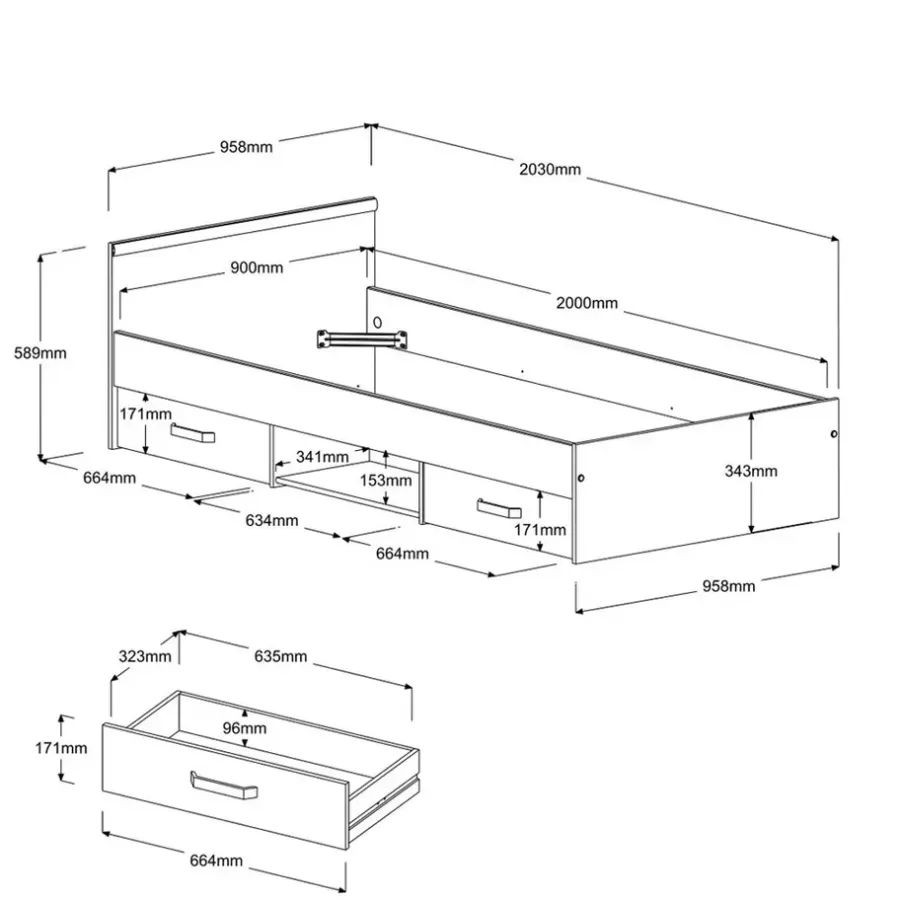 Leen Bakker Bed Natan incl. lades - eiken/zwart - 90x200 cm
