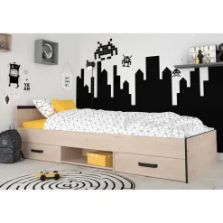 Leen Bakker Bed Natan incl. lades - eiken/zwart - 90x200 cm