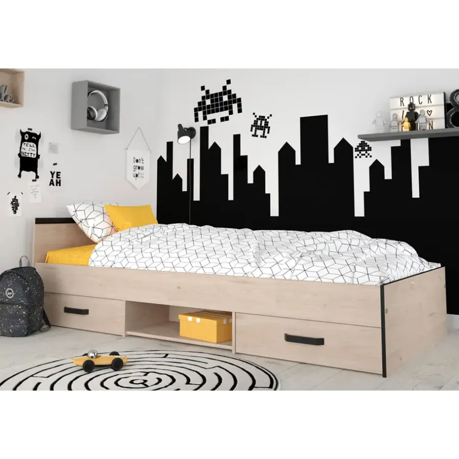 Leen Bakker Bed Natan incl. lades - eiken/zwart - 90x200 cm