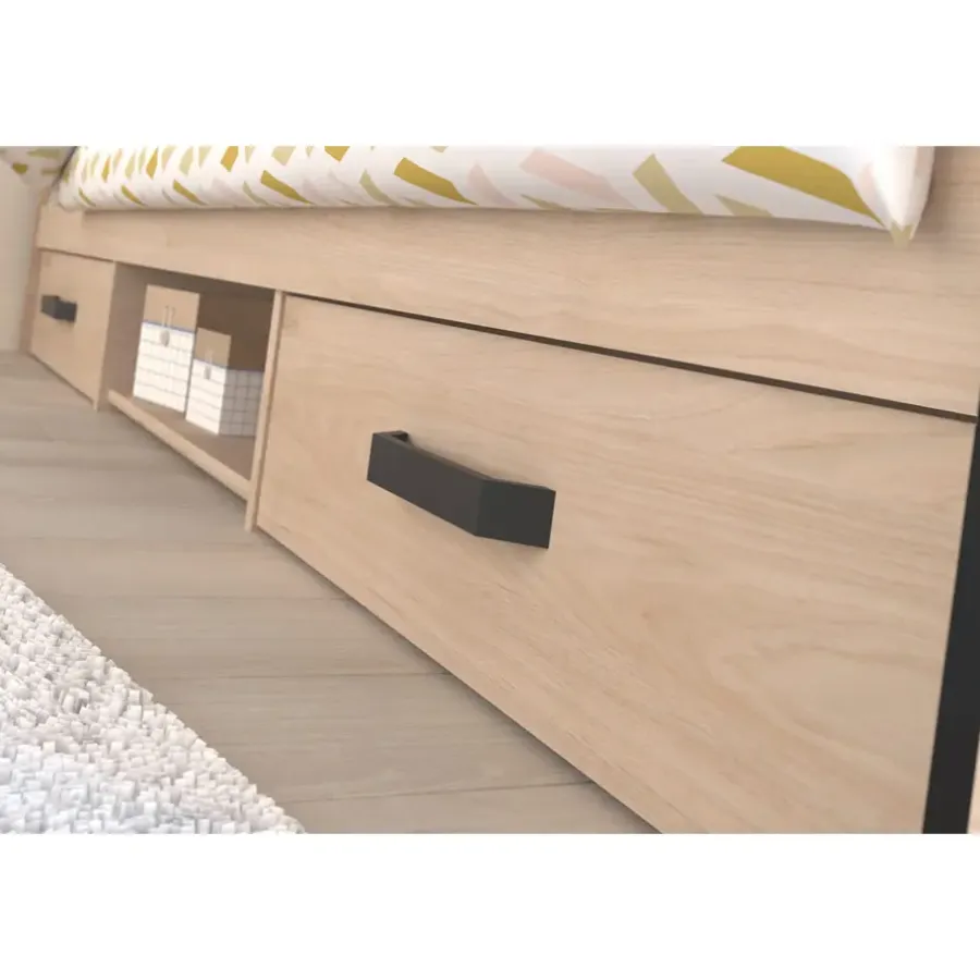 Leen Bakker Bed Natan incl. lades - eiken/zwart - 90x200 cm