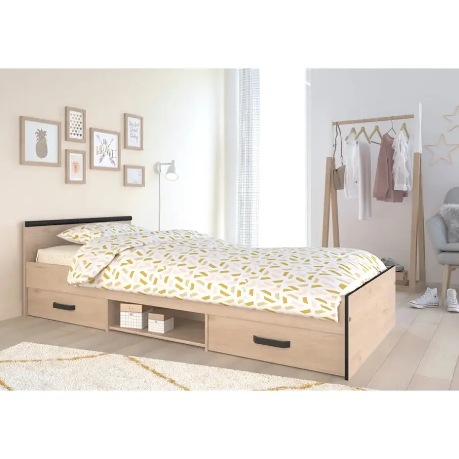 Leen Bakker Bed Natan incl. lades - eiken/zwart - 90x200 cm
