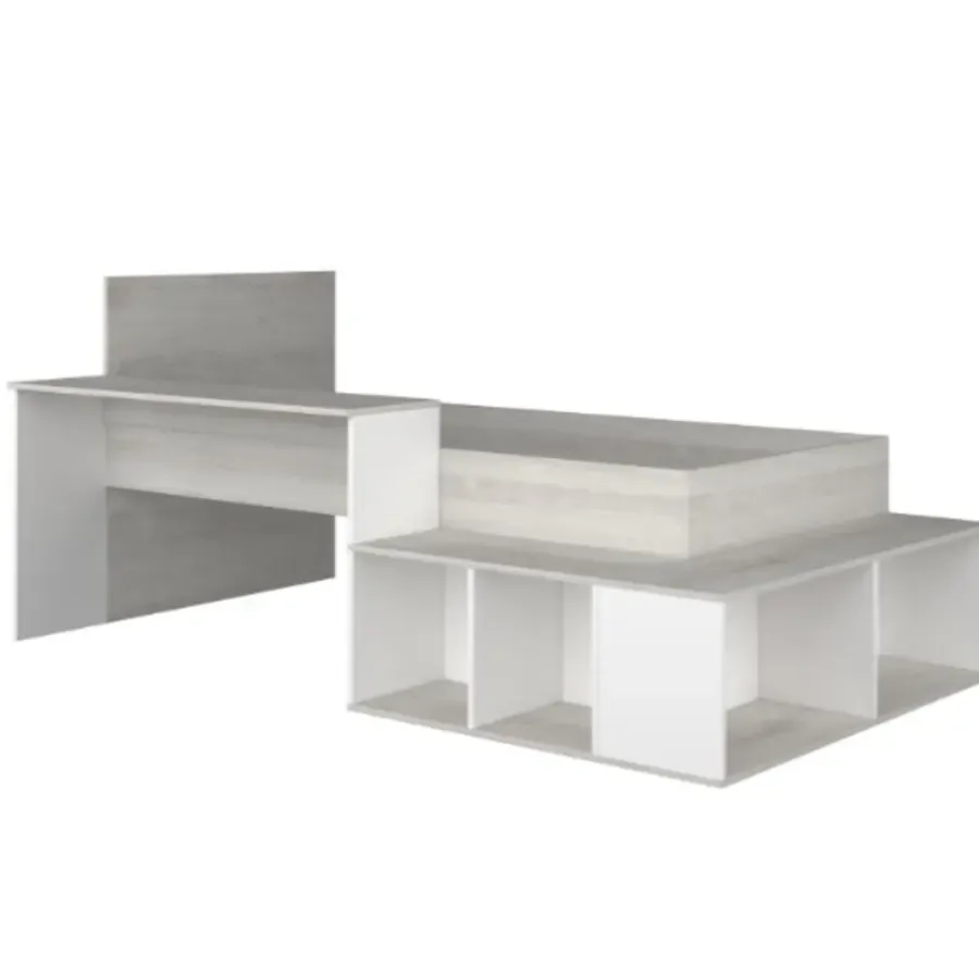 Kinderbedden-Trasman Bed Quinn 90x200 cm met bureau en opbergruimte - grenen/ wit