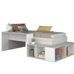 Kinderbedden-Trasman Bed Quinn 90x200 cm met bureau en opbergruimte - grenen/ wit