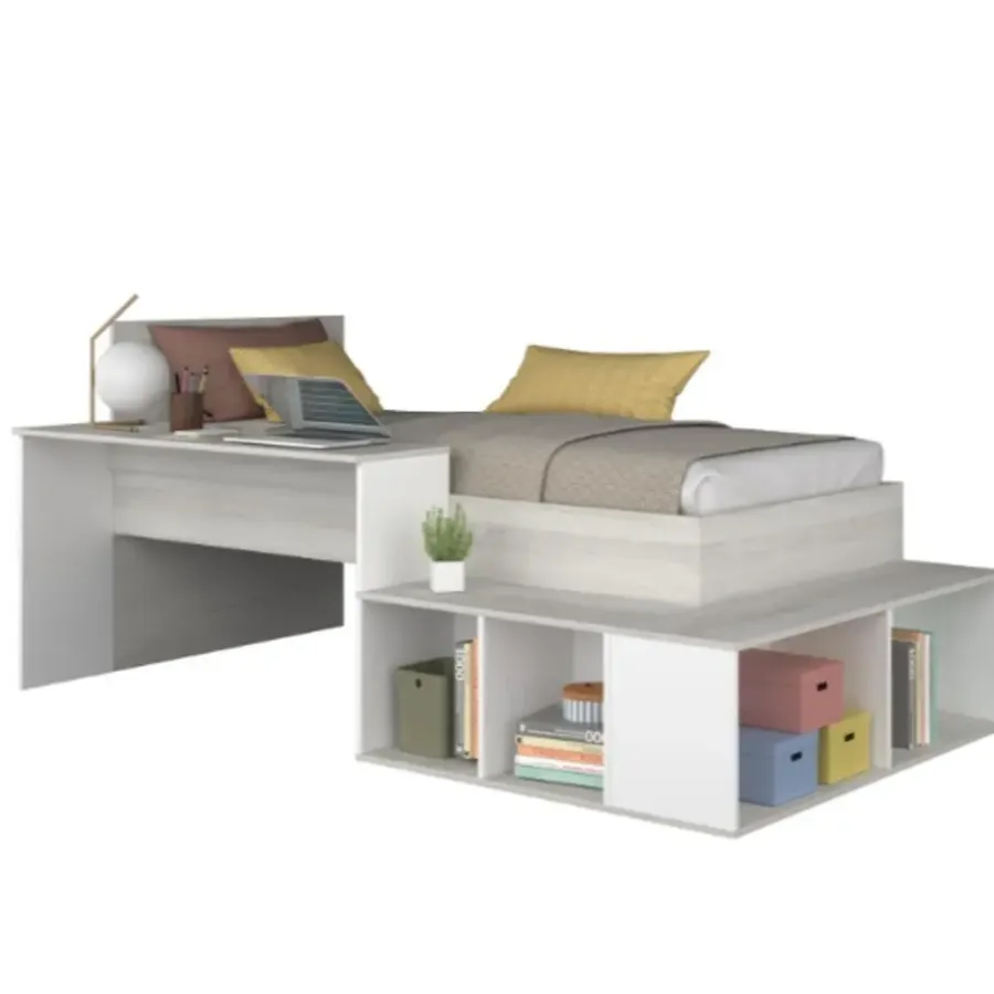 Kinderbedden-Trasman Bed Quinn 90x200 cm met bureau en opbergruimte - grenen/ wit
