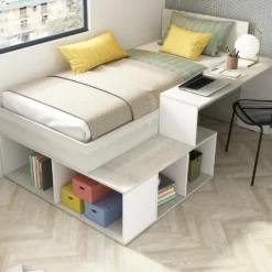 Kinderbedden-Trasman Bed Quinn 90x200 cm met bureau en opbergruimte - grenen/ wit