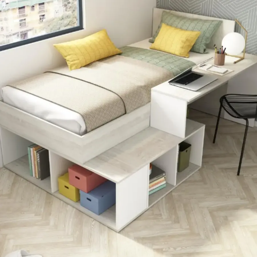 Kinderbedden-Trasman Bed Quinn 90x200 cm met bureau en opbergruimte - grenen/ wit
