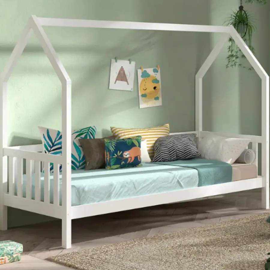 Vipack Bedhuisje Home - 90x200 cm - met hekje - wit dennenhout
