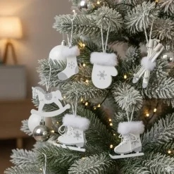 Kerstdecoratie-Othmar Decorations Bellatio decorations Kersthangers - 6x - hout - wit - wintersport