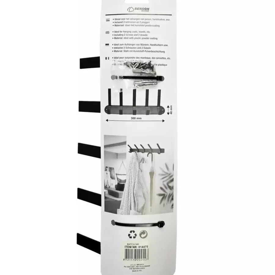 Kapstokken-Benson Kapstok - zwart - metaal - 5 haken - wandkapstok - 30 cm