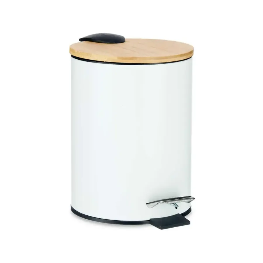 Berilo Prullenbak/pedaalemmer - wit - 3 liter - metaal/bamboe