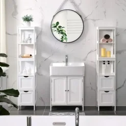 Hoge Kasten-Bobbel Home - Hoge kast voor badkamer, opbergmeubel op poten, wit