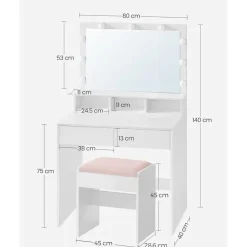 Kaptafels-Bobbel Home - Witte Kaptafel - Rechthoekige spiegel - Gloeilampen