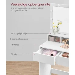 Kaptafels-Bobbel Home - Witte Kaptafel - Rechthoekige spiegel - Gloeilampen