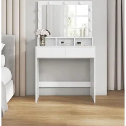 Kaptafels-Bobbel Home - Witte Kaptafel - Rechthoekige spiegel - Gloeilampen