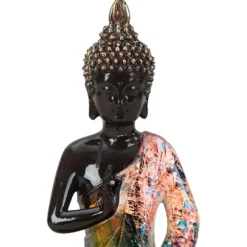 Merkloos Boeddha beeld - kunststeen - zwart/kleurenmix - 16 x 26 cm