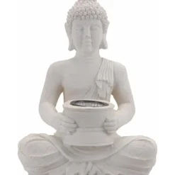 Tuindecoratie-Merkloos Boeddha beeldje - Solar lamp - wit - polystone tuindecoratie - 28 cm